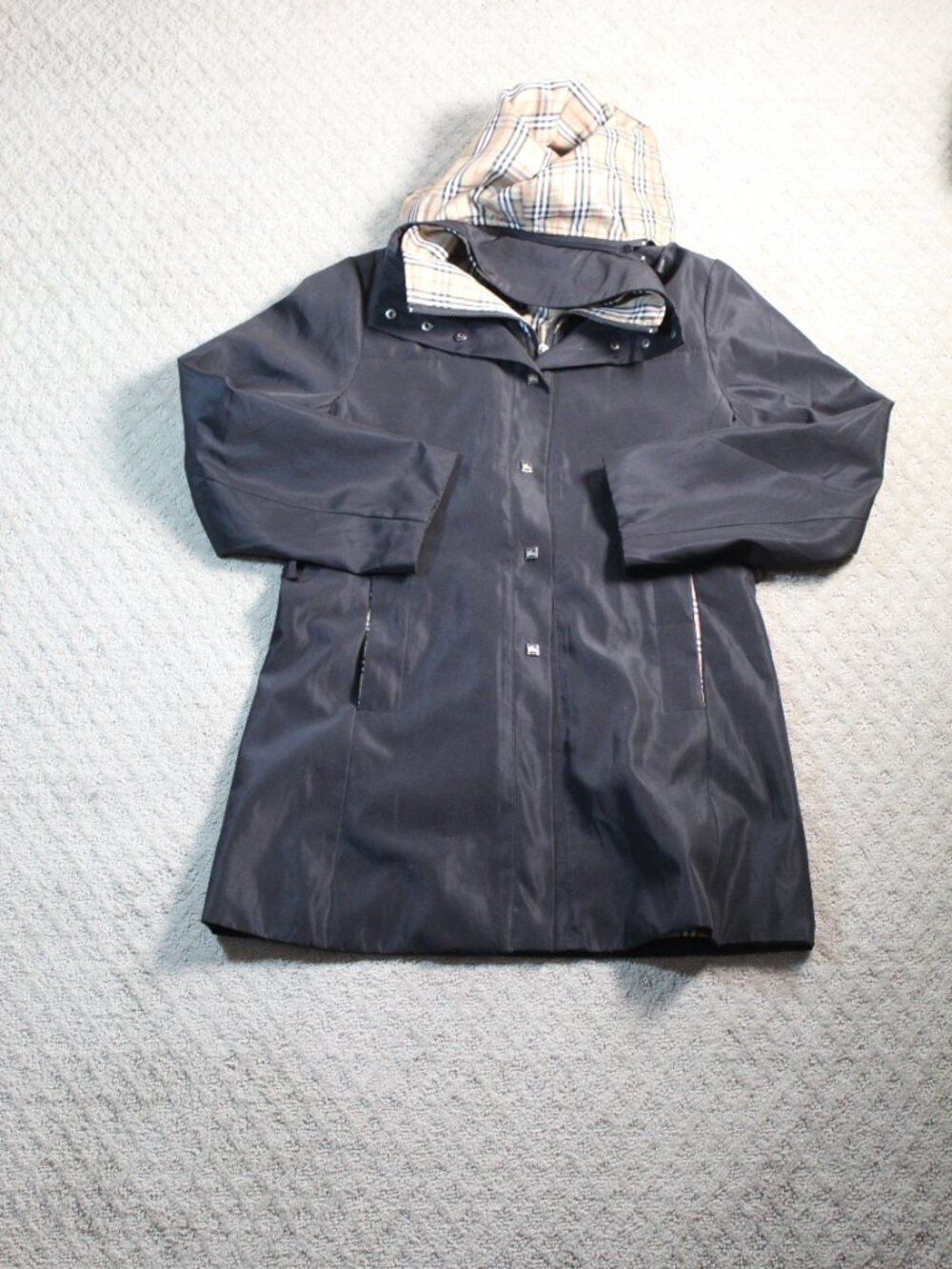 Burberry Women's Size M Black Removable Hood Trench Coat Nova Check Lined